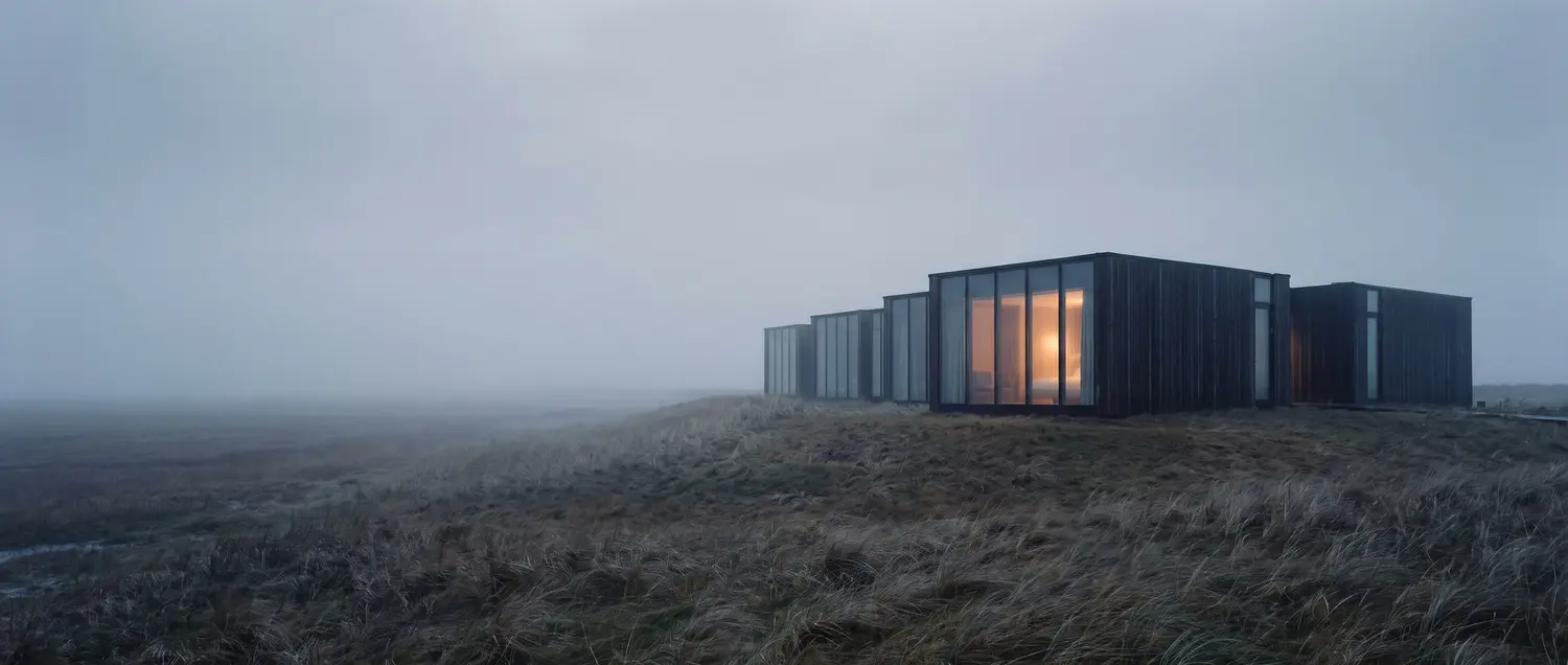 Das Haus auf der Warft im Nebel, ein Fenster ist erleuchtet