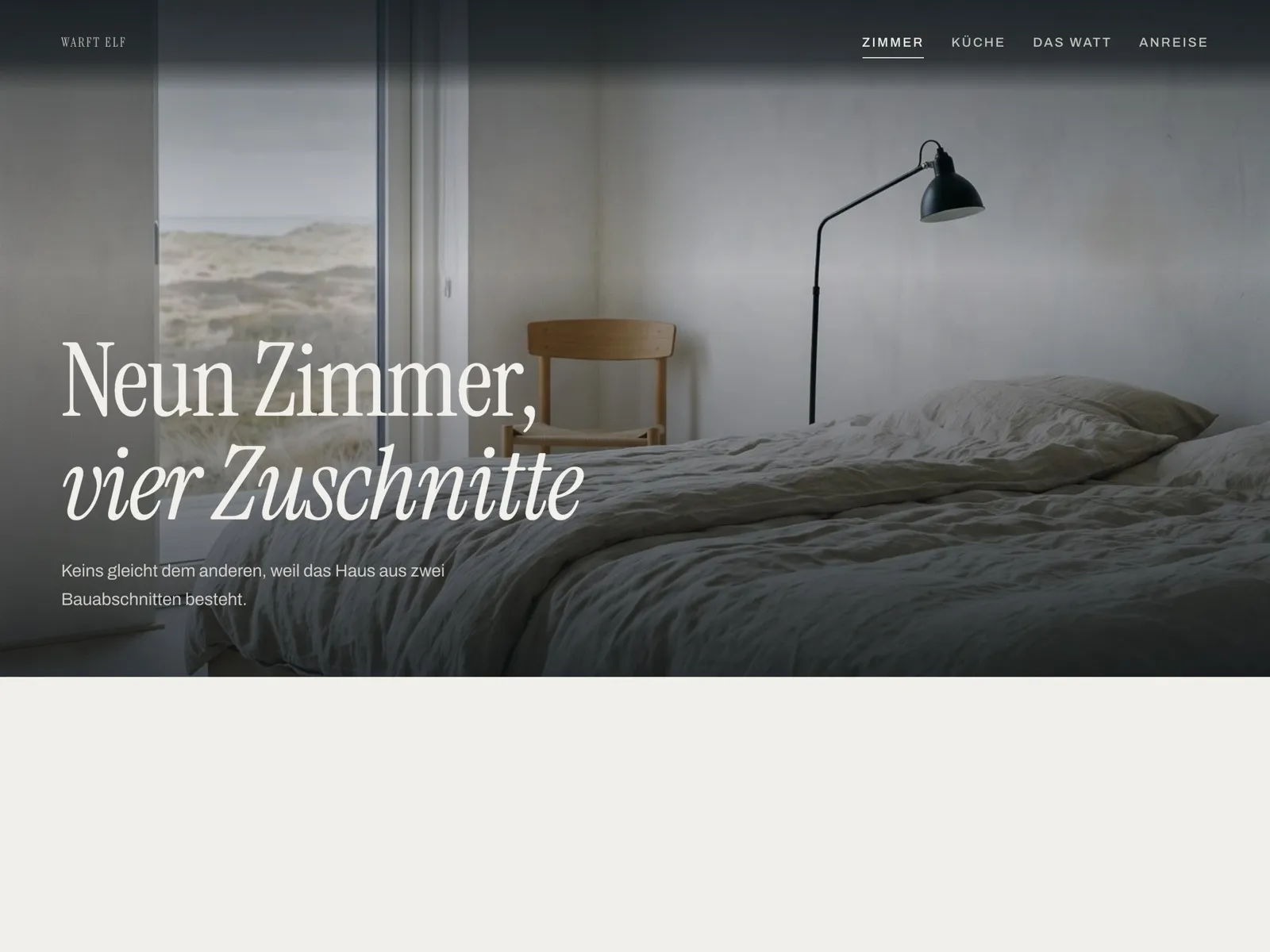 Bildschirmfoto von Warft Elf: ein Zimmer mit Bett, Stuhl und Fenster zur Düne, darüber die Überschrift „Neun Zimmer, vier Zuschnitte“