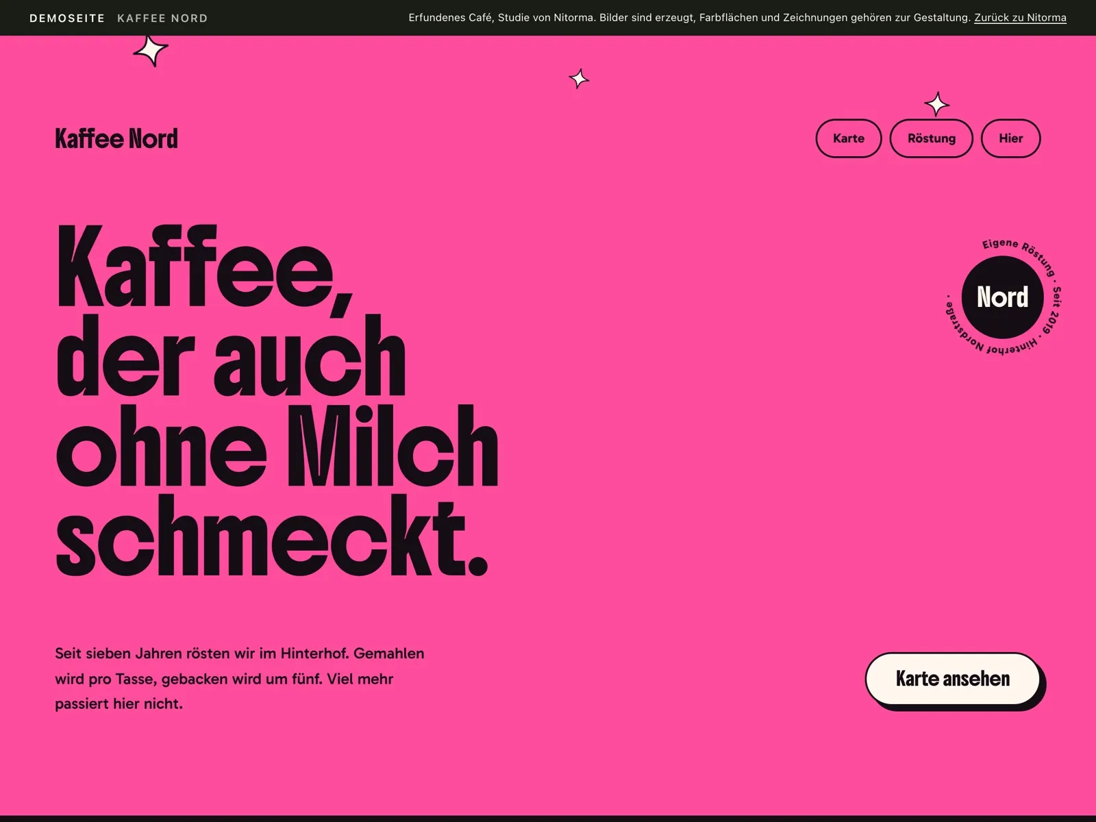 Bildschirmfoto von Kaffee Nord: eine pinke Fläche mit dem Satz „Kaffee, der auch ohne Milch schmeckt“