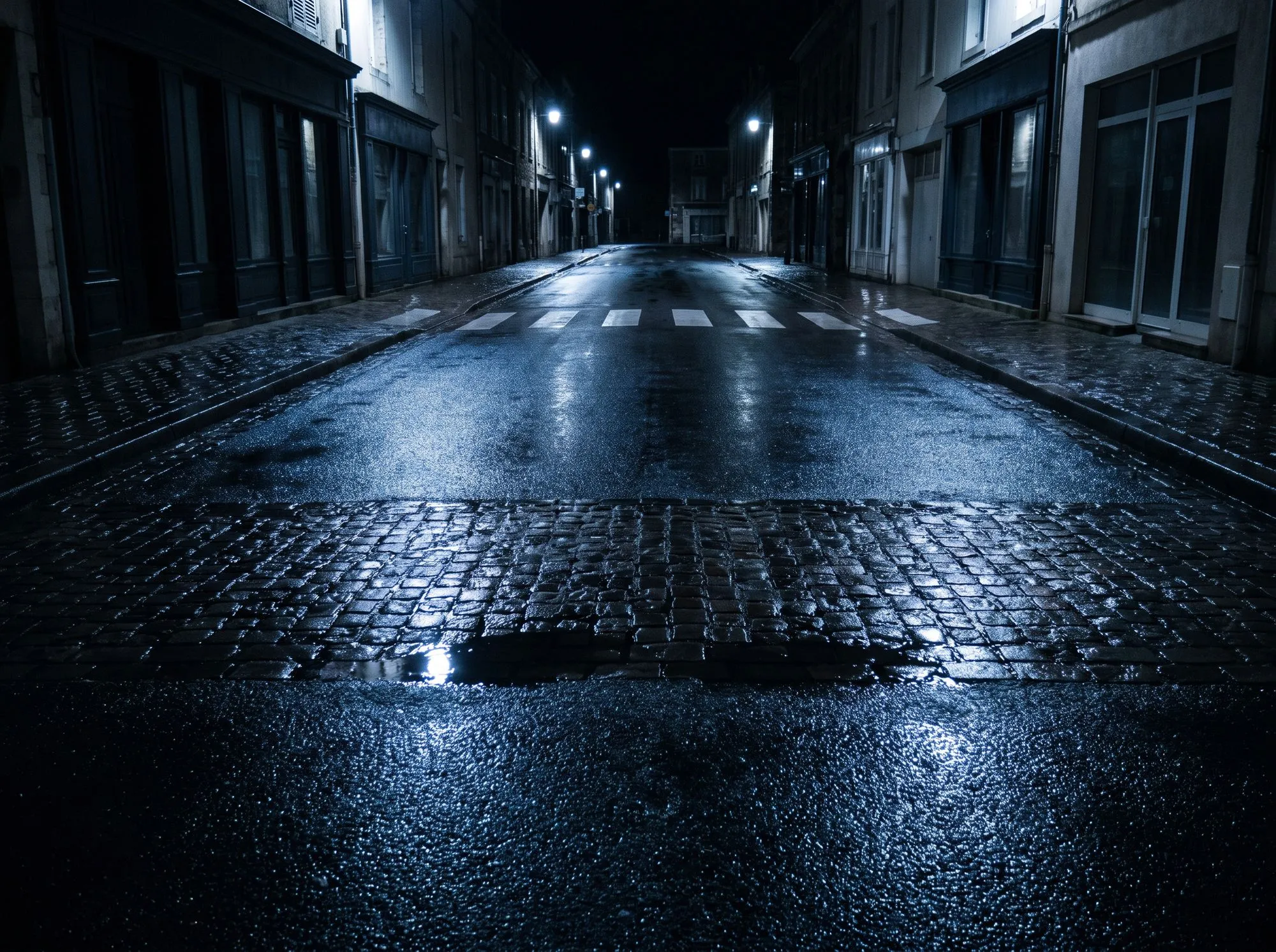Nasse Kleinstadtstraße bei Nacht mit Spiegelungen der Laternen