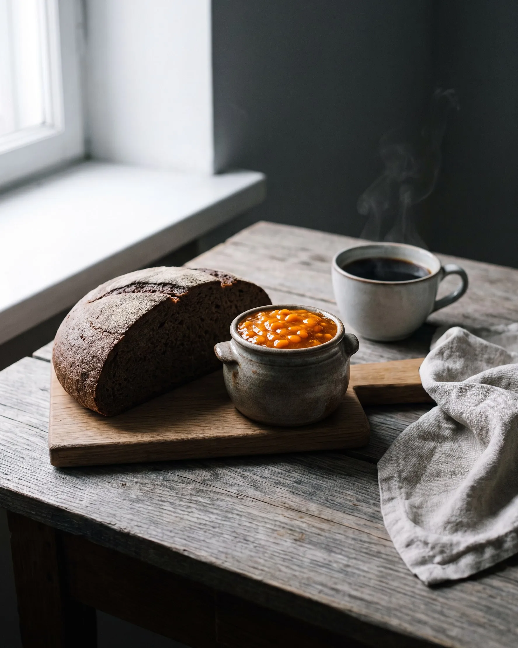 Dunkles Roggenbrot, Sanddornmarmelade und eine Tasse Kaffee auf einem alten Eichentisch