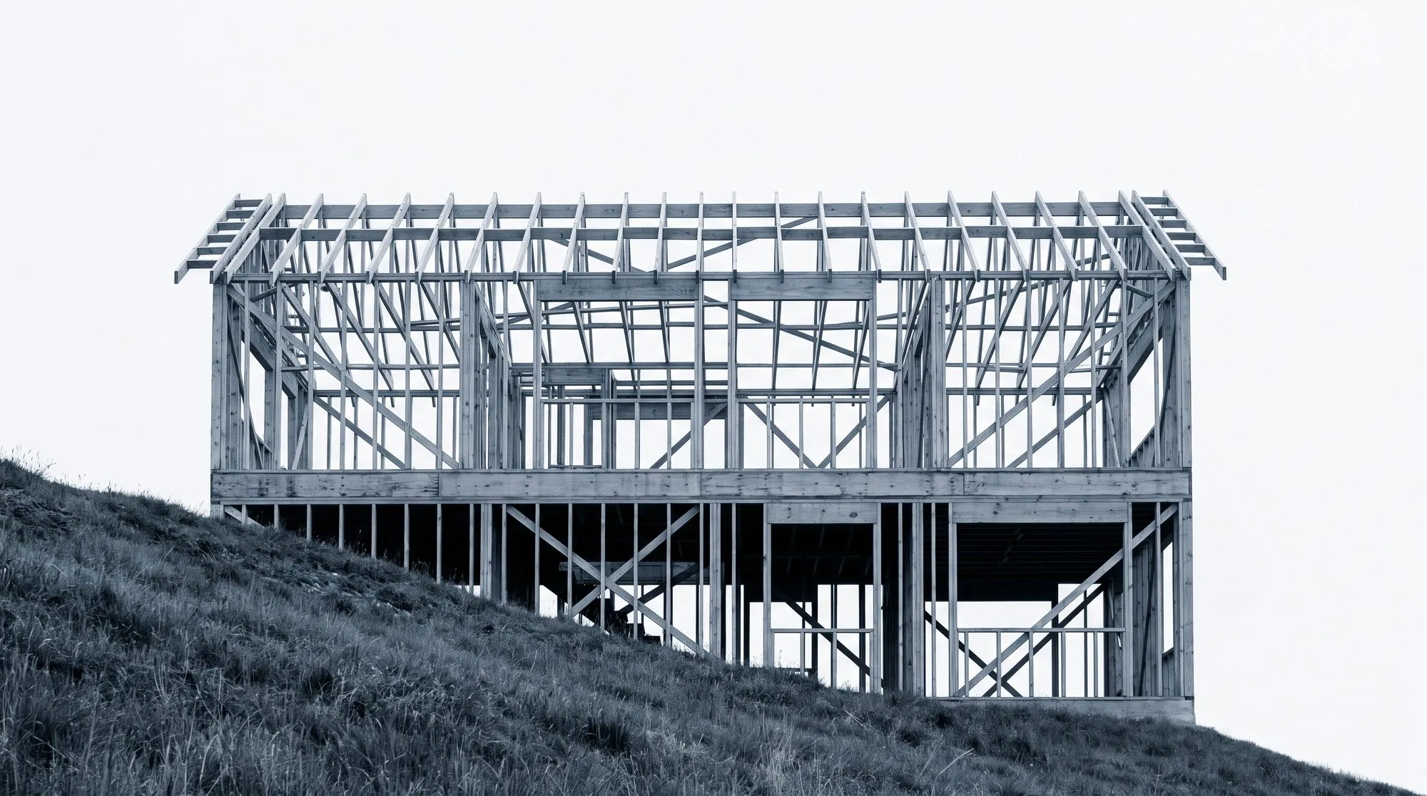 Holzrahmen eines Aufbaus am Hang, Ständer und Sparren vor bedecktem Himmel